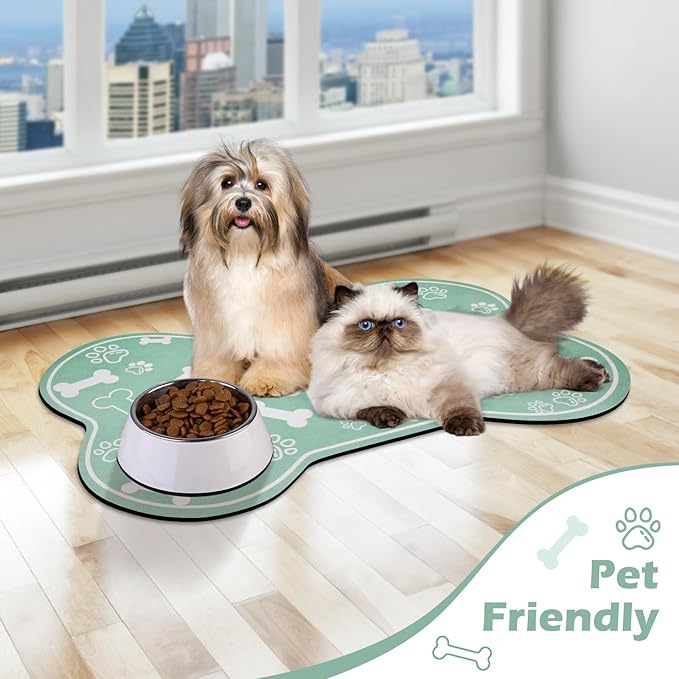 Dog Cat Mat for Food and Water,Rapid Absorbent Pet Feeding Mat, Bone Shaped Dog Placemat Bowl Mat with Rubber Backing,No Stains Pet Food Mats Indoor, Pet Accessories Supplies,Green 16"×24"