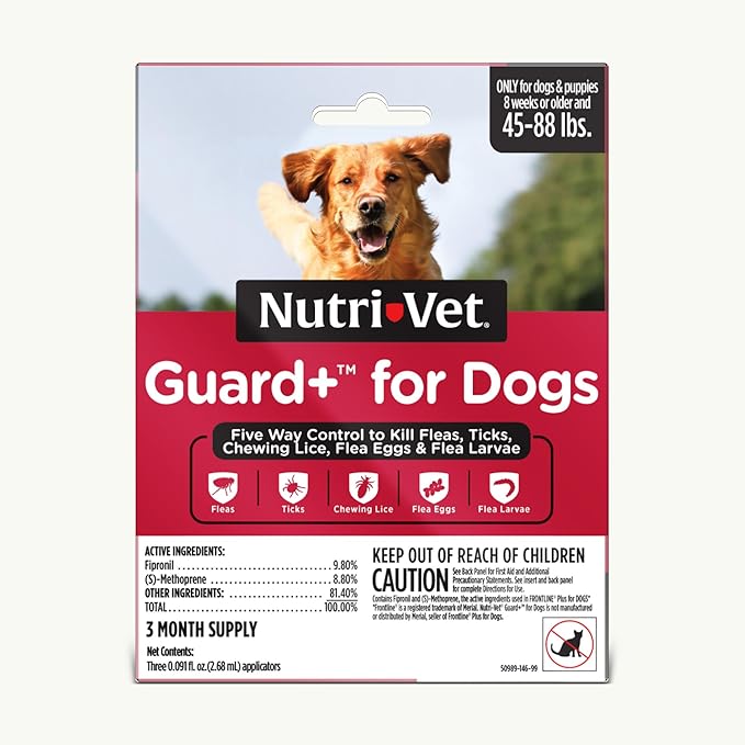 Nutri-Vet Guard+ for Dogs - Flea & Tick Prevention Treatment for Dogs 45-88 lbs. - Waterproof Topical- 90 Days of Protection - 3 Monthly Doses
