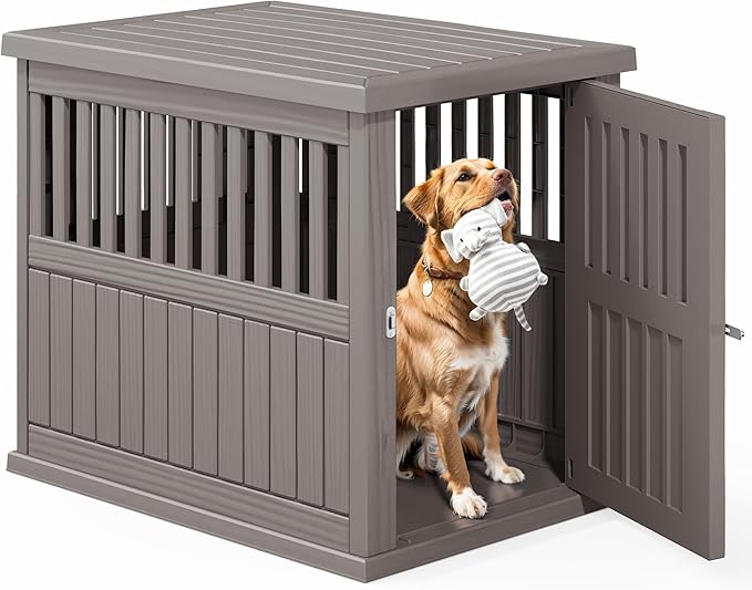 Fancyango 40-Inch Heavy Duty Dog Crate Furniture Lockable Indoor Outdoor Kennel & End Table for Small/Large Dogs Decorative Plastic Pet Cage in Grey