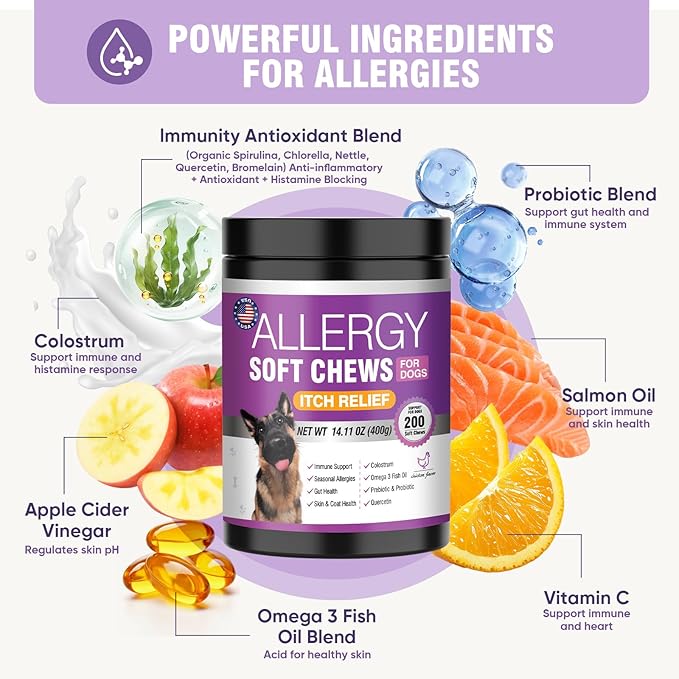 Dog Allergy Chews 200ct - Dog Allergy Itching Skin Relief & Immune Support Anti Itch Probiotics for Yeast, Itchy Skin and Itchy Ears, Vitamins for Seasonal Allergies Itchy Skin, Gut Health, Chicken