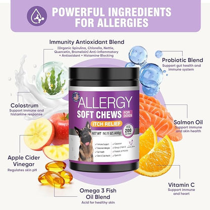 Dog Allergy Chews 200ct - Dog Allergy Itching Skin Relief & Immune Support Anti Itch Probiotics for Yeast, Itchy Skin and Itchy Ears, Vitamins for Seasonal Allergies Itchy Skin, Gut Health, Chicken