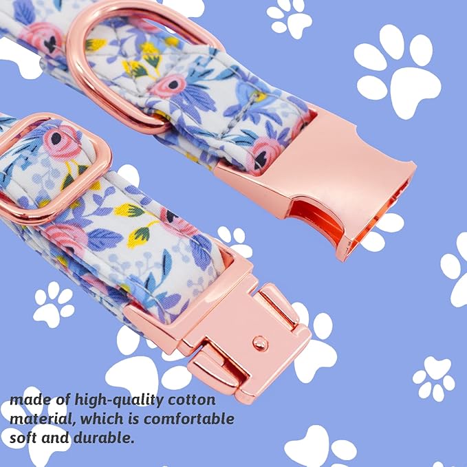 Dog Collar and Leash Set Girls Adjustable Puppy Collars with Floral Bow Tie for Small Medium Large Female Dogs, Blue Flower, XS