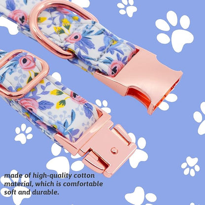 Dog Collar and Leash Set Girls Adjustable Puppy Collars with Floral Bow Tie for Small Medium Large Female Dogs, Blue Flower, S