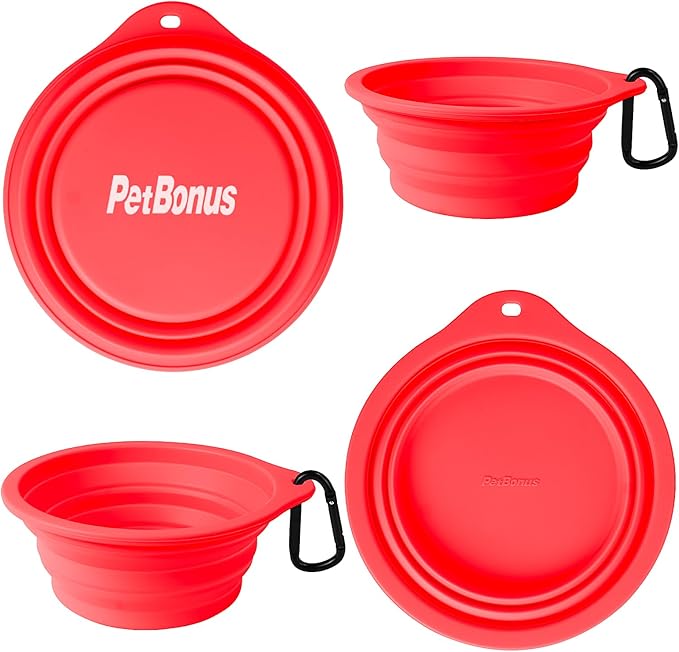 PetBonus 2-Pack Large Silicone Collapsible Dog Bowls, 34oz/1000ml BPA Free Portable Foldable Travel Bowl for Pet Cat, Food Water Feeding Dish for Camping with 2 Carabiners (Black, Red)