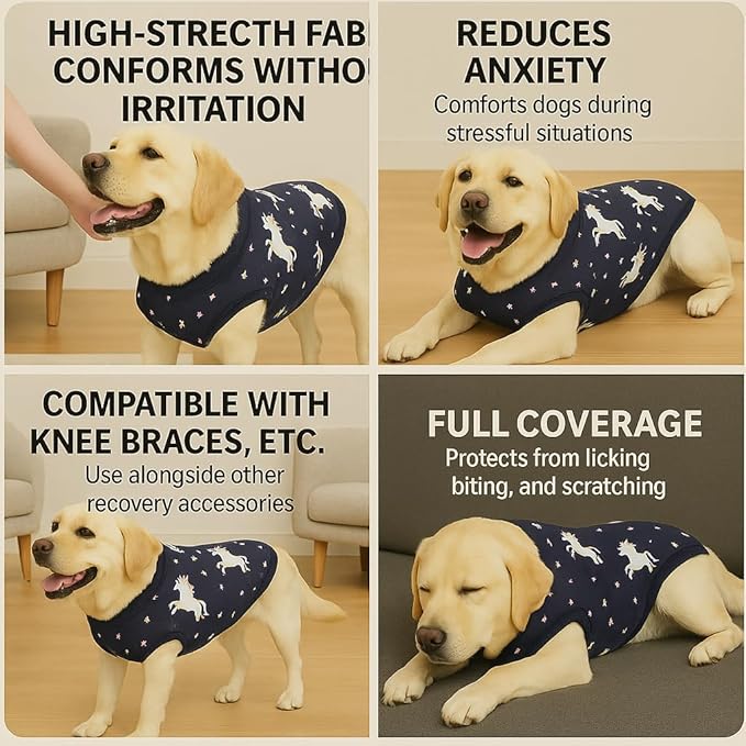 PetWarm Dog Suit for Surgery Recovery, Clothes for Dogs, Post-Surgery Dog Bodysuit, Comfortable Cone Alternative for Male and Female Dogs, Covers Body Area, Unicorn Pattern, Blue, 2XL