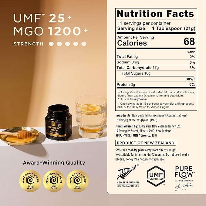 Manuka Honey UMF 25+ (MGO 1200+) 100% Pure New Zealand, Certified Ultra Premium Raw, 8.8 Oz (250g)