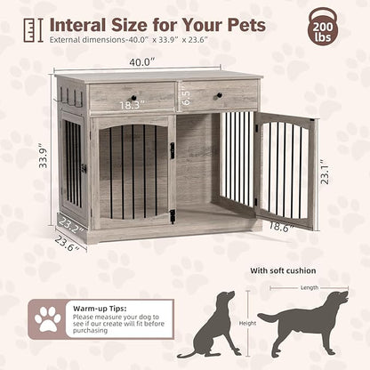 Kucreiheat 40'' Wooden Dog Crate Furniture–Farmhouse Dog Kenel-Multi Purpose Pet House with Double Doors, 2 Drawers, for Small, Medium & Large Dogs–Rustic Grey Finish