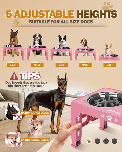 Jovrun Elevated Dog Bowls for Medium Large Size Dogs, Non-Slip Dog Feeder with 1*Stainless Steel Dishes & 1*Slow Feeder Bowl, 5 Heights Adjustable Raised Bowls to 3.15″-8.66″-9.84″-11.02″-12.2″