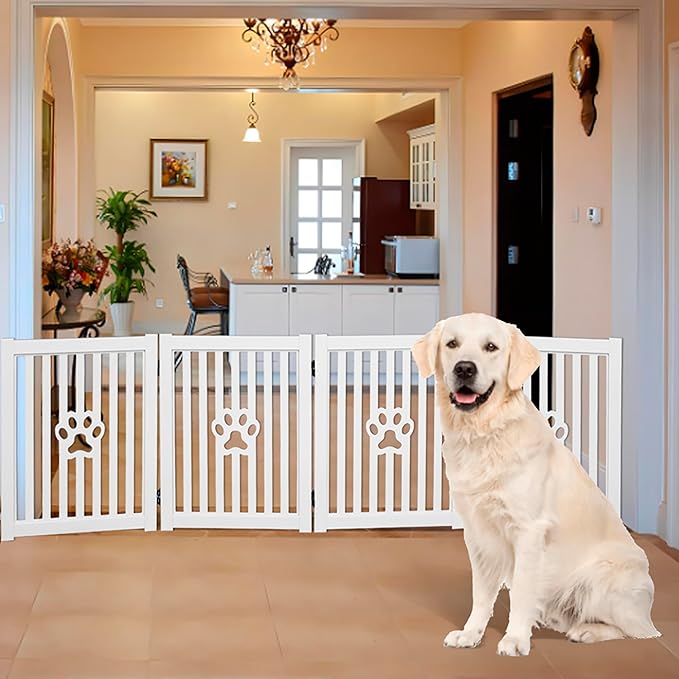 4 Panel Dog Gate - White - Foldable Wooden Freestanding Pet Gate, 80" L x 23.6" H, for Doorways, Halls & Stairs, 360 Degree Rotated Hinges