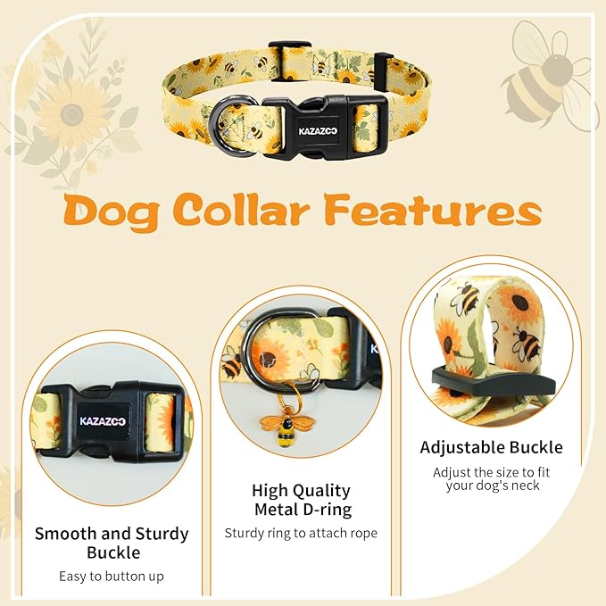 Kazazoo Dog Collar Cute and Soft Nylon Puppy Collar for Boy and Girl, Adjustable Dog Collars for Small Medium Dogs, Bees and Sunflowers-XS