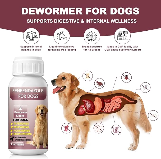 Dewormer for Dogs, Fenbendazole Liquid for All wormer, Tapeworms, Roundworms, Hookworms and Whipworms, 4 oz