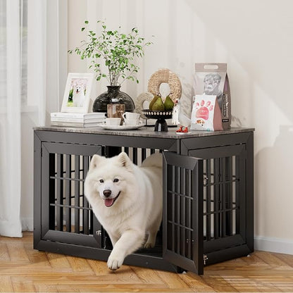 Snuowu 42" Heavy Duty Dog Crate Furniture for Small,Medium and Large Dogs,Rustic Wooden Dog Cage Kennel Indoor Furniture with Waterproof Top,Decorative Pet House Side End Table (Black & Grey)
