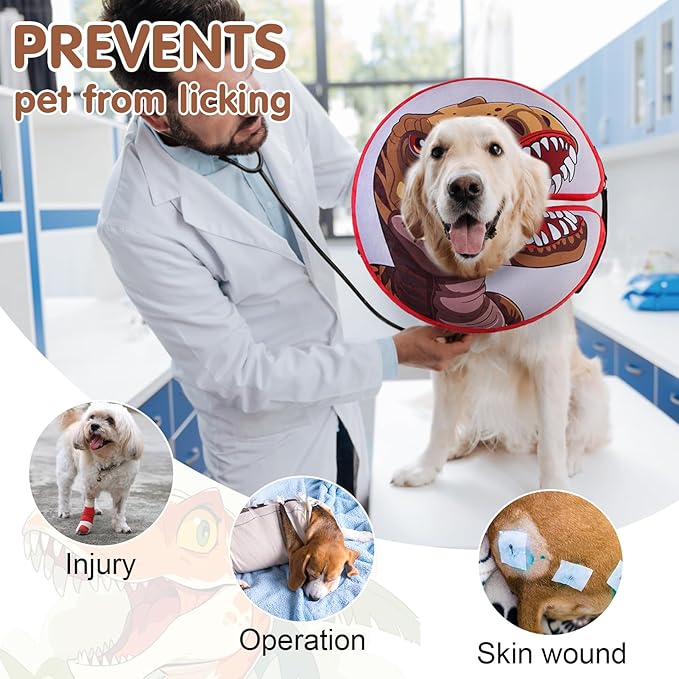 BEAUTYZOO Dog Cone Alternative After Surgery for Large Medium Small Dogs, Soft Inflatable Cone Collar for Dogs Cats, Pet Neck Donut E Collar Dog Recovery Collars to Stop Licking, Dinosaur, L