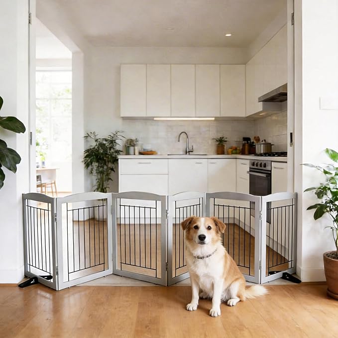 ZJSF Freestanding Dog Fence Indoor, Foldable Dog Gate for Doorways, Stairs or Hallways, Sturdy Wood Extra Wide Pet Gate with Support Feet for The House, Grey, 24 "Height-6 Panels