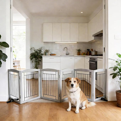 ZJSF Freestanding Dog Fence Indoor, Foldable Dog Gate for Doorways, Stairs or Hallways, Sturdy Wood Extra Wide Pet Gate with Support Feet for The House, Grey, 24 "Height-6 Panels