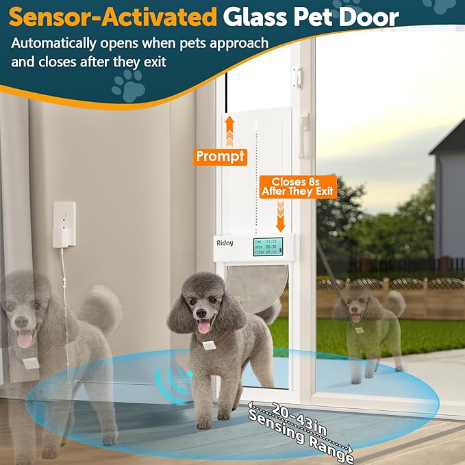 Automatic Sliding Glass Dog Door with Collar Sensor，Large Electric Doggy Door for Sliding Glass Doors, Adjustable 90 9/16" to 95 1/4" Slider Height, Anti-Pinch,Fits Dog Up to 100 Lbs (L-Tall)