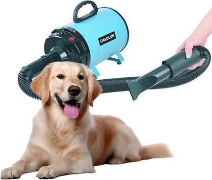 Dog Dryer for Pet Grooming, High Velocity Pet Hair Dryer with Heater, Adjustable Speed, 3 Nozzles and a Comb, Blue