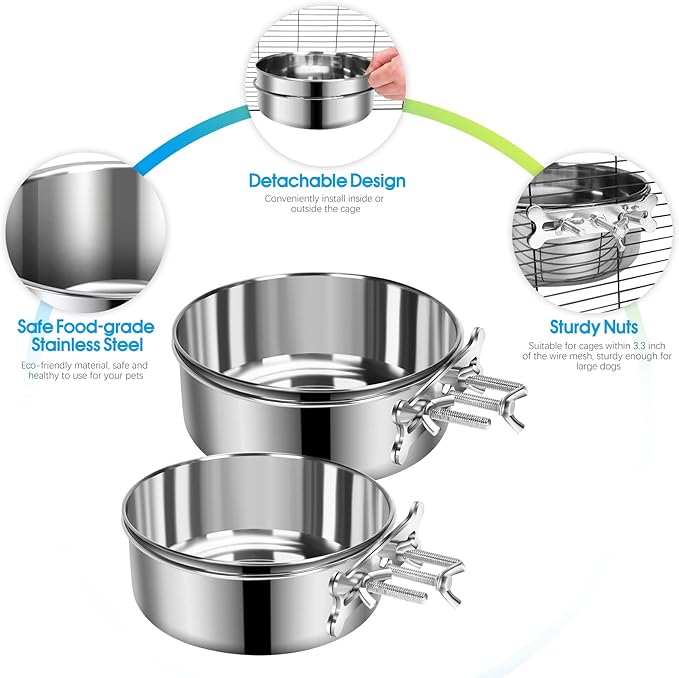 2 Pcs Large Dog Food Water Bowl for Cage with Upgraded Clamp Holder, Pet Kennel Hanging Bowls Stainless Steel Non-Spill Detectable Bowls Crate Feeder for Large Dogs (7x2.8'' & 6.3x2.5'')