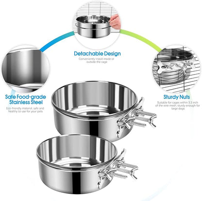 2 Pcs Large Dog Food Water Bowl for Cage with Upgraded Clamp Holder, Pet Kennel Hanging Bowls Stainless Steel Non-Spill Detectable Bowls Crate Feeder for Large Dogs (7x2.8'' & 6.3x2.5'')