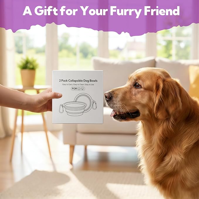 Collapsible Dog Bowl Large 2 Pack, Dog Water Bowls for Travels, Portable Foldable Pet Bowls Feeding Watering Dish for Parking Walking Camping with 2 Carabiners Clip (34oz, Large, Grey+Purple)