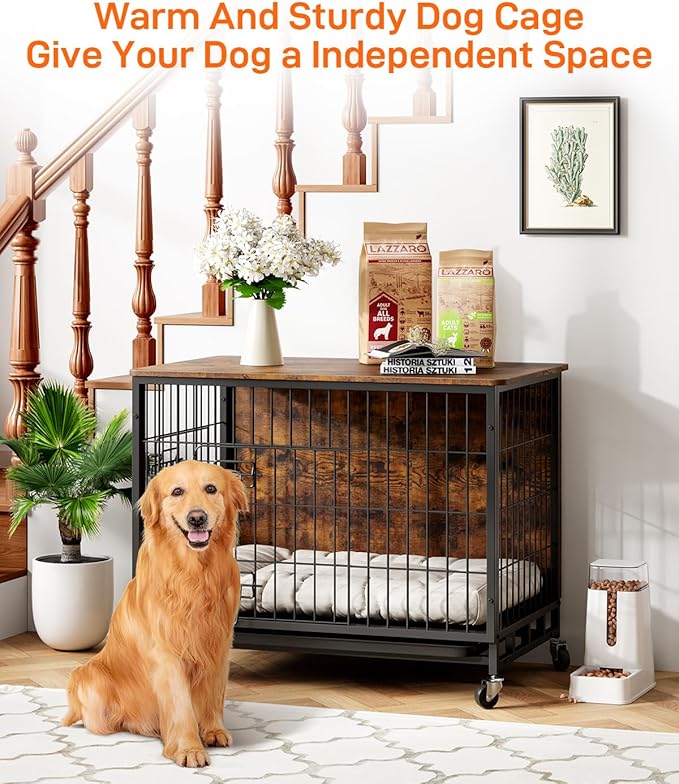 Furniture Style Dog Crate With Removable Tray and Wheels, 2024 New Heavy-Duty Double-Doors Cage End Table, 27.2" Wooden Kennel, Indoor House for Large Dogs, Brown