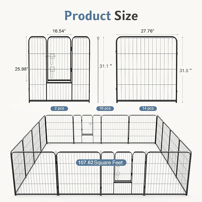 DUMOS Dog Playpen Indoor, Metal 32 Inch 16 Panels Foldable Pet Fence with Door, Outdoor Small Medium Large Dog Puppy Portable Exercise Play Pen for RV Camping, Trips, Play Yard