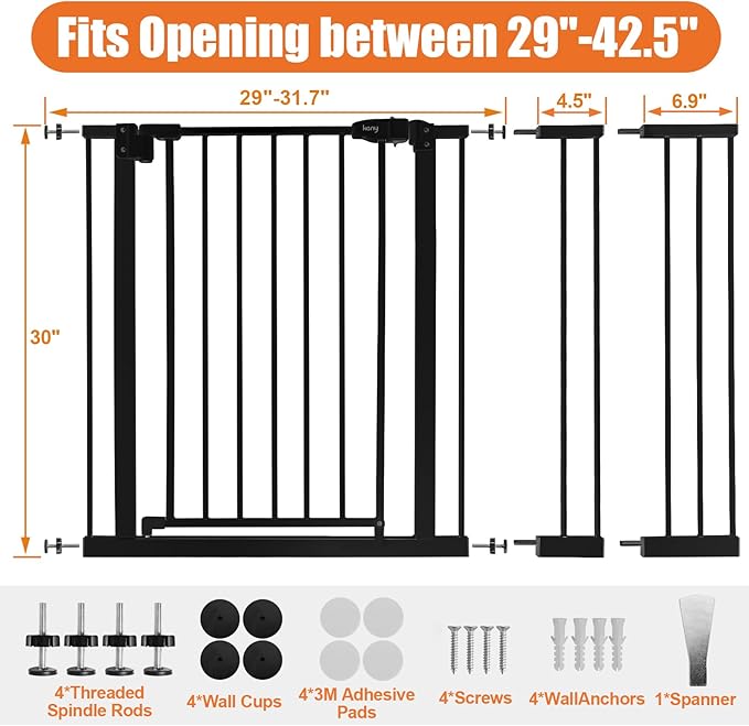 keny 29"-42.5" Baby Gate for Stairs, Auto Close Safety Dog Gate, Pressure Mounted Easy Walk Through Pet Gate for Doorways, Durable Stair Gate, 30" Tall, Black