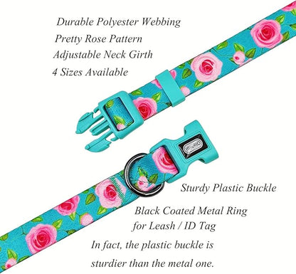 Dog Collar and Leash Set, Rose Pattern, Polyester Material, 5ft Matching Leash, for Small Puppy Dogs.(XS, Green Rose Set)