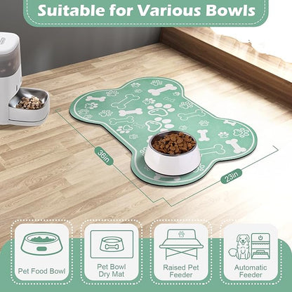 Dog Cat Mat for Food and Water,Rapid Absorbent Pet Feeding Mat, Bone Shaped Dog Placemat Bowl Mat with Rubber Backing,No Stains Pet Food Mats Indoor, Pet Accessories Supplies,Green 23"×36"