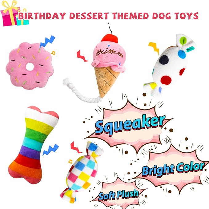 lilfrd Dog Birthday Toys Girl, Squeaky Plush Birthday Cake Hat Bandana, Birthday Gifts for Small & Medium Dog, 9 Pack Pink