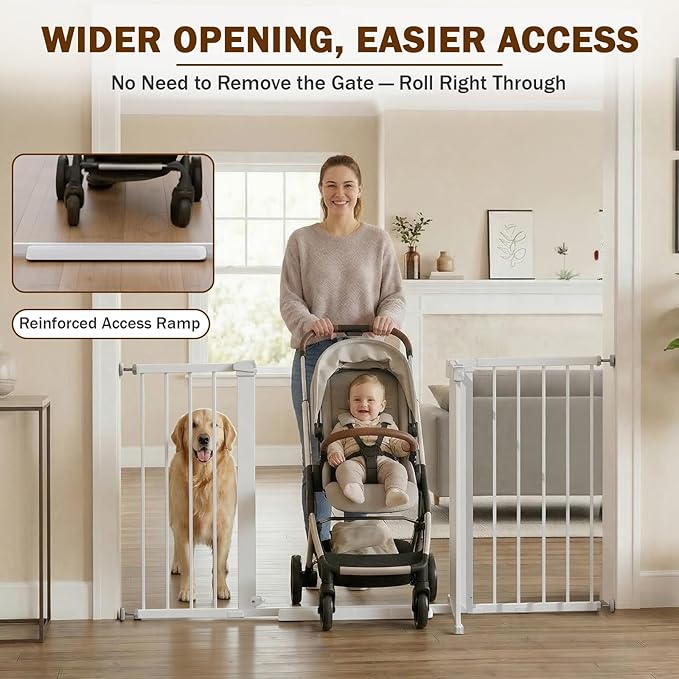 Mumeasy 29.7-57" Extra Wide Baby Gate, Auto Close Large Dog Gate for Doorways, No Drilling Pressure Mounted Pet Safety Gate for Stairs, Easy Walk Through Child Gate for Hallways, House, Indoor, White