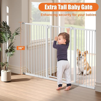 keny 36" Extra Tall Baby Gate for Stairs, 29"-55" Wide Auto Close Dog Gate for Doorways, Pressure Mounted Easy Walk Through Pet Gate with Door, White