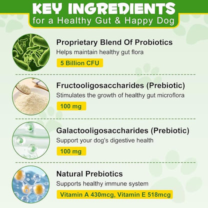 Probiotics for Dogs - Probiotic Powder with 5 Billion CFU & Prebiotics, 12-Strain Formula for Digestive Health & Diarrhea Relief, Vet-Recommended for Sensitive Stomach 4.23oz