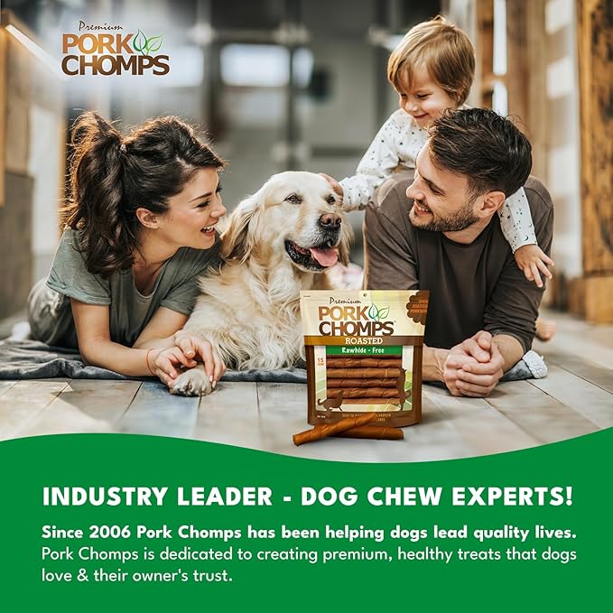 Pork Chomps Roasted Pork Skin Dog Chews, 6 Inch Twists, 15 Count - Long-Lasting Treats for Dogs - High Protein, Rawhide-Free, Low Fat, Healthy & Delicious Chews