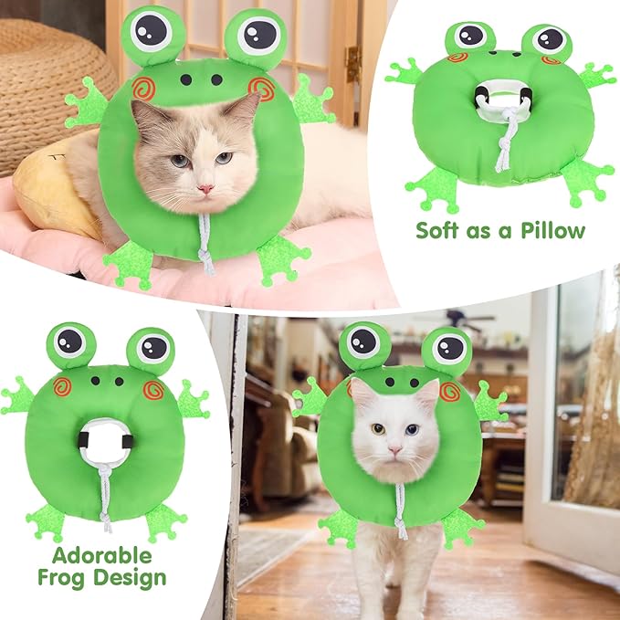 BEAUTYZOO Cat Cone Collar Soft, Cat Donut Recovery Collar after Surgery to Stop Licking, Kitten E Collars Neck Pillow Cone for Cats, Adjustable Elizabeth Pet Collars for Puppy Small Dogs, Green Frog S