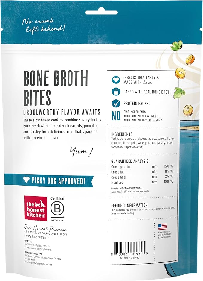 The Honest Kitchen Human Grade Dog Treats Bone Broth Bites: Roasted with Turkey Bone Broth & Pumpkin, 8 oz Bag