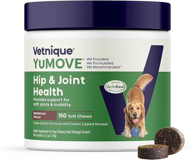 YuMOVE Hip & Joint Supplement for Dogs with Glucosamine, Hyaluronic Acid, Green Lipped Mussel & Omega 3 Joint Supplement - Regular or Advanced Strength (150ct Chews, Regular Strength)