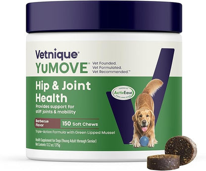 YuMOVE Hip & Joint Supplement for Dogs with Glucosamine, Hyaluronic Acid, Green Lipped Mussel & Omega 3 Joint Supplement - Regular or Advanced Strength (150ct Chews, Regular Strength)