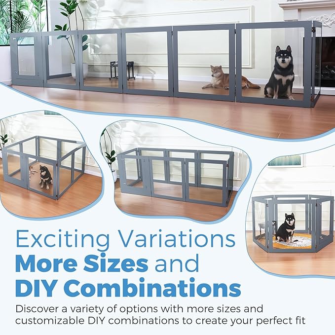 Heavy Duty Clear Acrylic Dog Playpen, 32" Height Transparent Pet Pen, Metal Frame Easy Assemble Kennel Enclosure, Ideal for Small to Medium Dogs, Cats, and Other Small Pets (Grey, 6 Panels with Door)