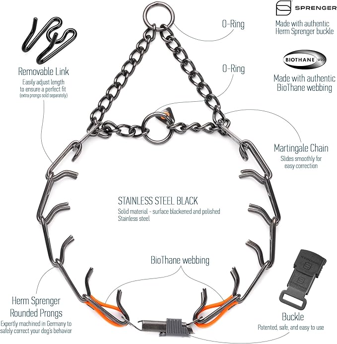 Herm Sprenger Black Stainless Steel Dog Collar with Quick Release ClicLock Buckle O-Ring Biothane Insert Training Collar Made in Germany (Hunter Orange, 23in x 3.2mm(Neck Size up to19-20in))
