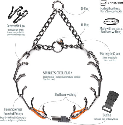 Herm Sprenger Black Stainless Steel Dog Collar with Quick Release ClicLock Buckle O-Ring Biothane Insert Training Collar Made in Germany (Hunter Orange, 23in x 3.2mm(Neck Size up to19-20in))