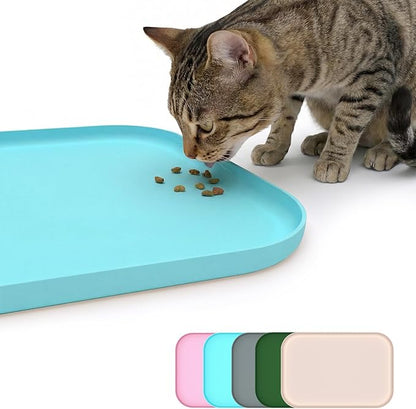 BLESWIN Non-Slip Silicone Dog Food Mat for Food and Water, 18" x 12" Raised Edge Pet Feeding Mat - Waterproof Dog Bowl Mat Easy Clean for Floor Protector,Blue