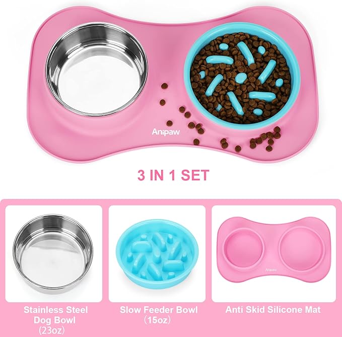Anipaw Slow Feeder Dog Bowls 3 in 1 Stainless Steel Dog Food and Water Bowls with Non-Spill Non-Skid Silicone Mat to Slow Down Eating for Large Medium Small Breed Size Dogs and Cats