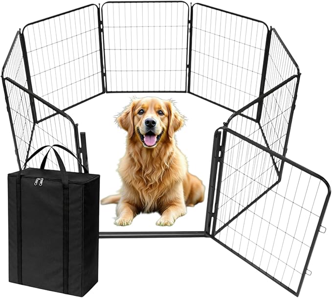Dog Playpen w/Carrying Case for Indoor or Outdoor Use – 32 Inch, 8 Black Panels - Portable Metal Exercise Pen for Small & Medium Dogs - Pet Fence Kennel Crate for House, RV, or Travel