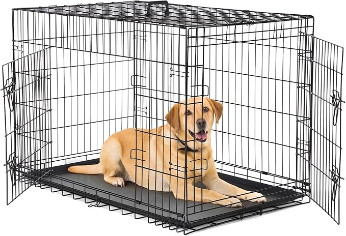 DUMOS Dog Crate, 42 Inch Large Double Door Dog Cage with Plastic Leak-Proof Pan Tray, Folding Medium Size Metal Wire Pet Kennel for Indoor, Outdoor, Travel