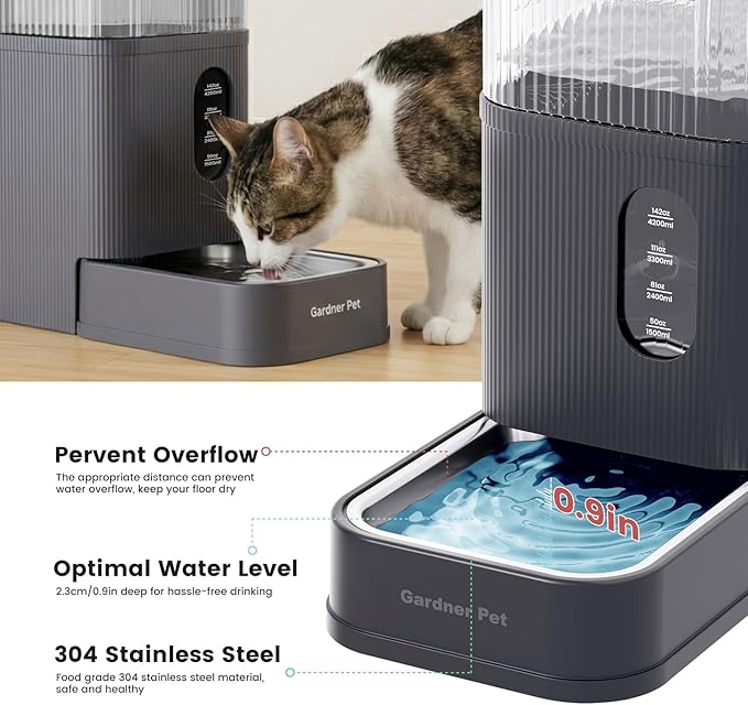 Gardner Pet 2.9 Gallon Automatic Dog Water Bowl Dispenser 11L Gravity Water Feeder with Stainless Steel Bowl & Maifan Stone Filter, BPA-Free for for Cats and Dogs (Grey, 2.9 Gallon)