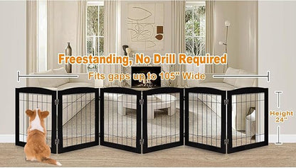 LZRS 6-Panel Extra Wide Wooden Freestanding Dog Gate: Foldable Solid Wood and Steel Wire Chew Resistant Safety Barrier for Doorways, Stairs, and Open Long Spaces Indoor Use,Dark Black