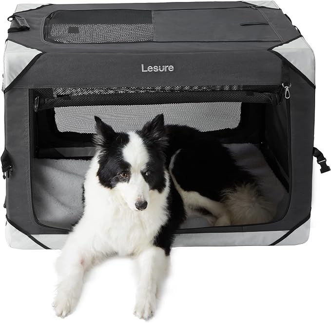 Lesure Collapsible Dog Crate - Portable Travel Kennel for Large Dog, 4-Door Pet Crate with Mesh Windows, Indoor & Outdoor, Charcoal Gray