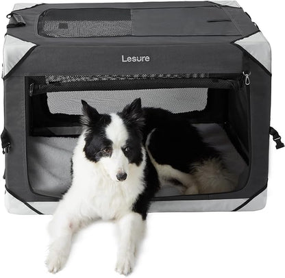 Lesure Collapsible Dog Crate - Portable Travel Kennel for Large Dog, 4-Door Pet Crate with Mesh Windows, Indoor & Outdoor, Charcoal Gray