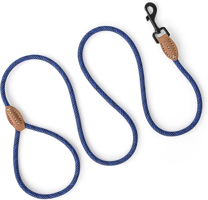 Mile High Life Small Dog Leash, Thin Rope Leash with Genuine Leather Connection and Heavy Duty Metal Clasp, Great for Small Medium Dogs(Blue,48 Inch-1/3)
